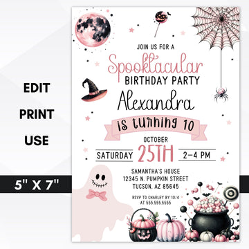 personalized halloween birthday party invitation for girls and pink fans